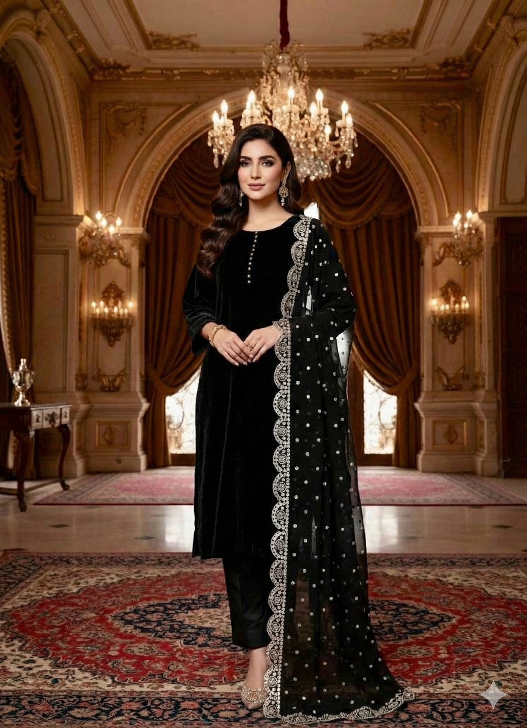 The Midnight Velvet Noir Suit with Embroidered Net Dupatta