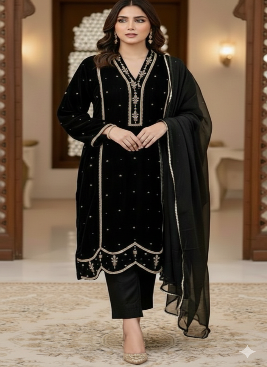 Black Embroidered Velvet Kurta with Scalloped Hem