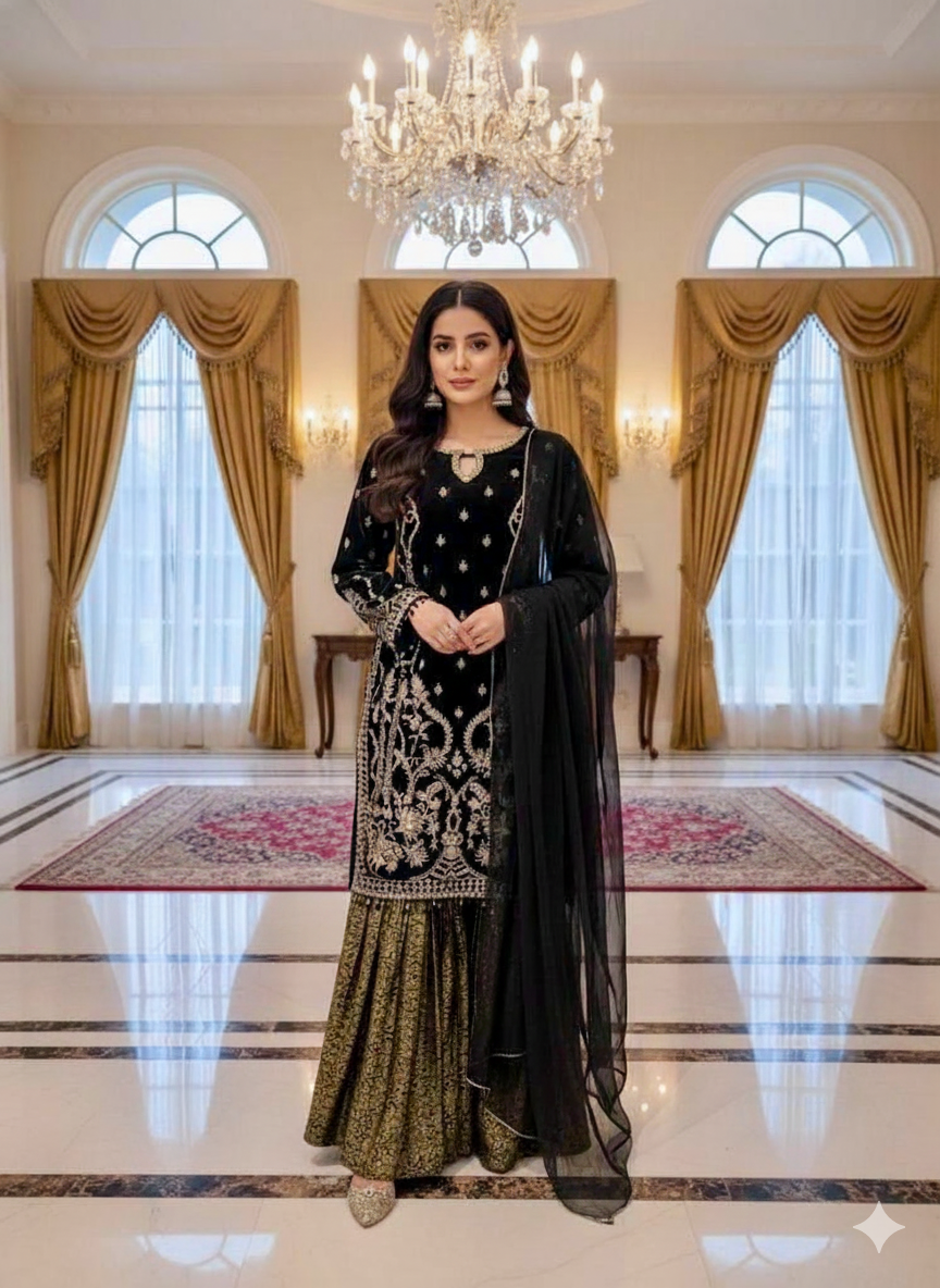 The Royal Noir Velvet Gharara Set