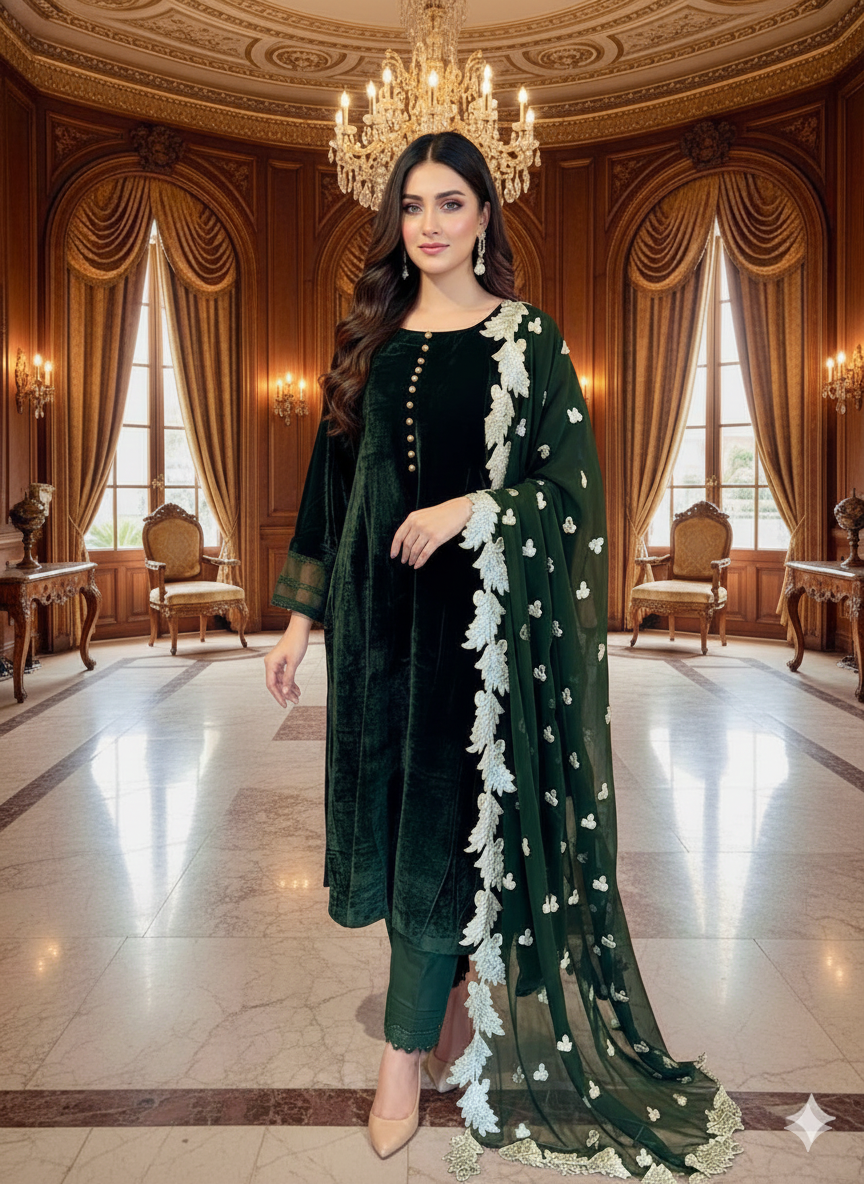 Emerald Velvet Suit with White Leaf Dupatta