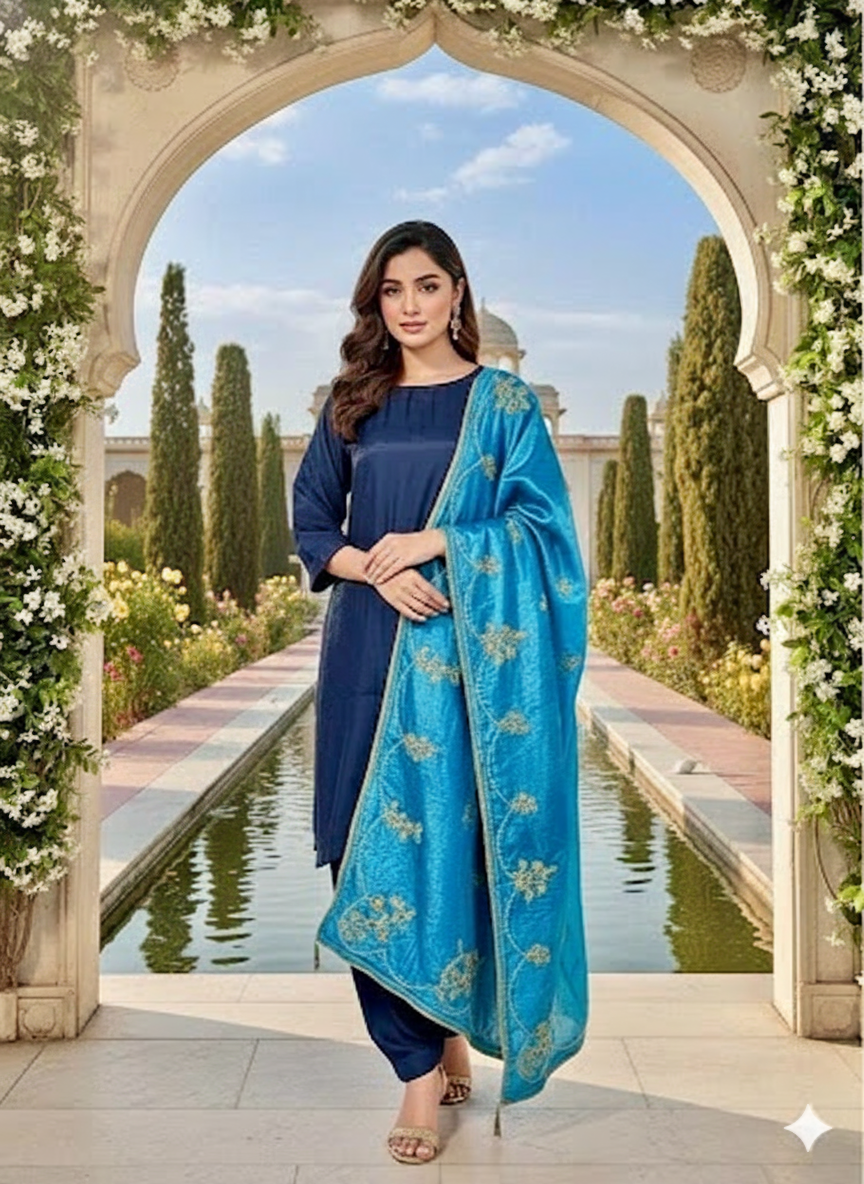 Sapphire Blue Suit with Turquoise Embroidered Shawl