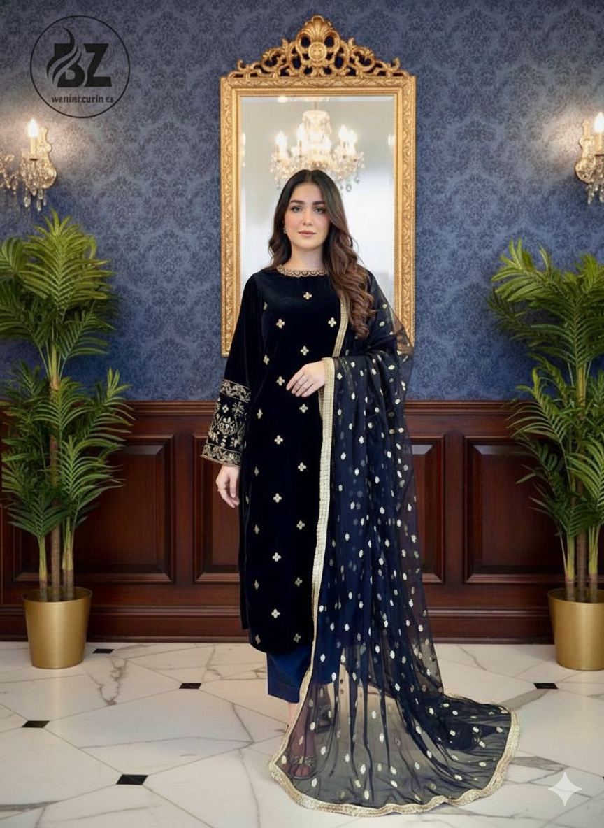 The Royal Midnight Velvet Suit with Embroidered Sleeves