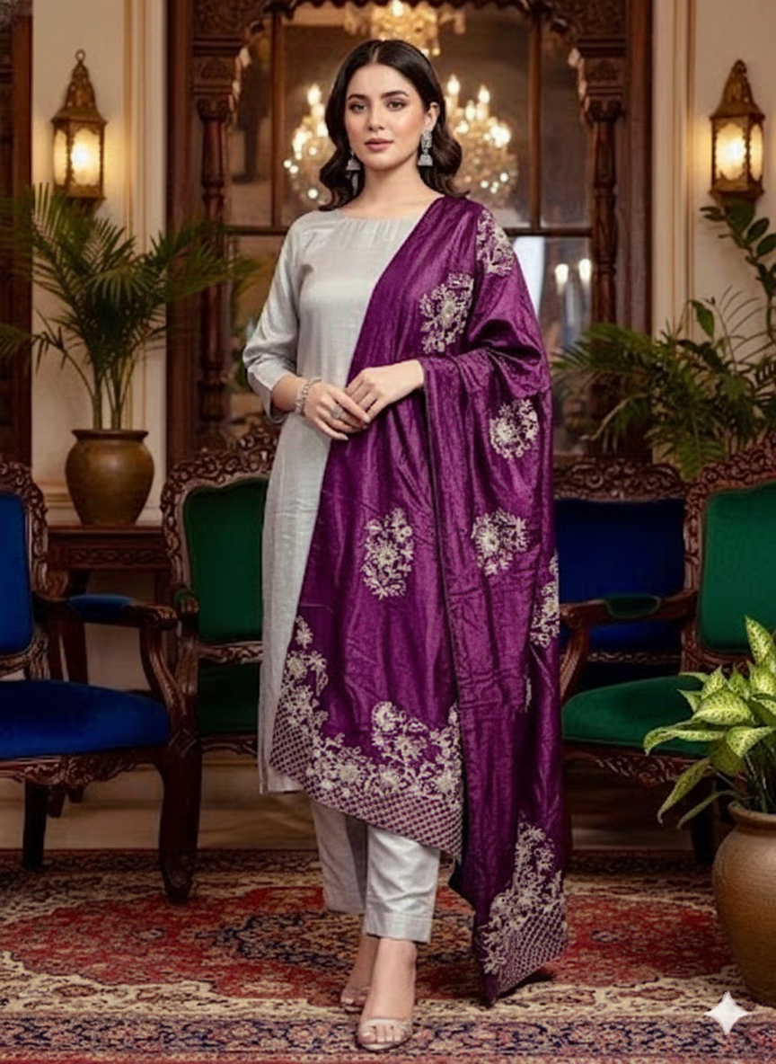 Silver Mist Suit with Majestic Purple Velvet Shawl
