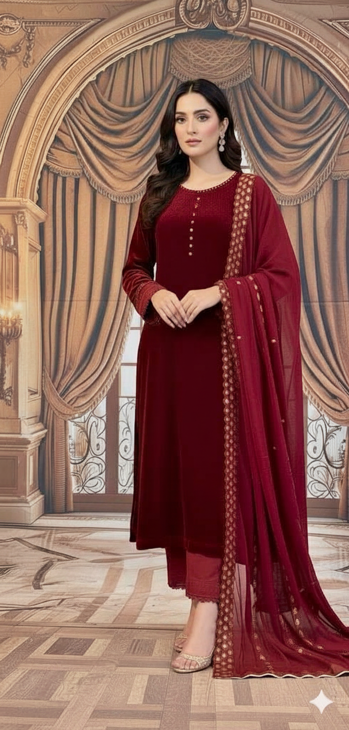 The Crimson Elegance Velvet Suit with Embroidered Dupatta