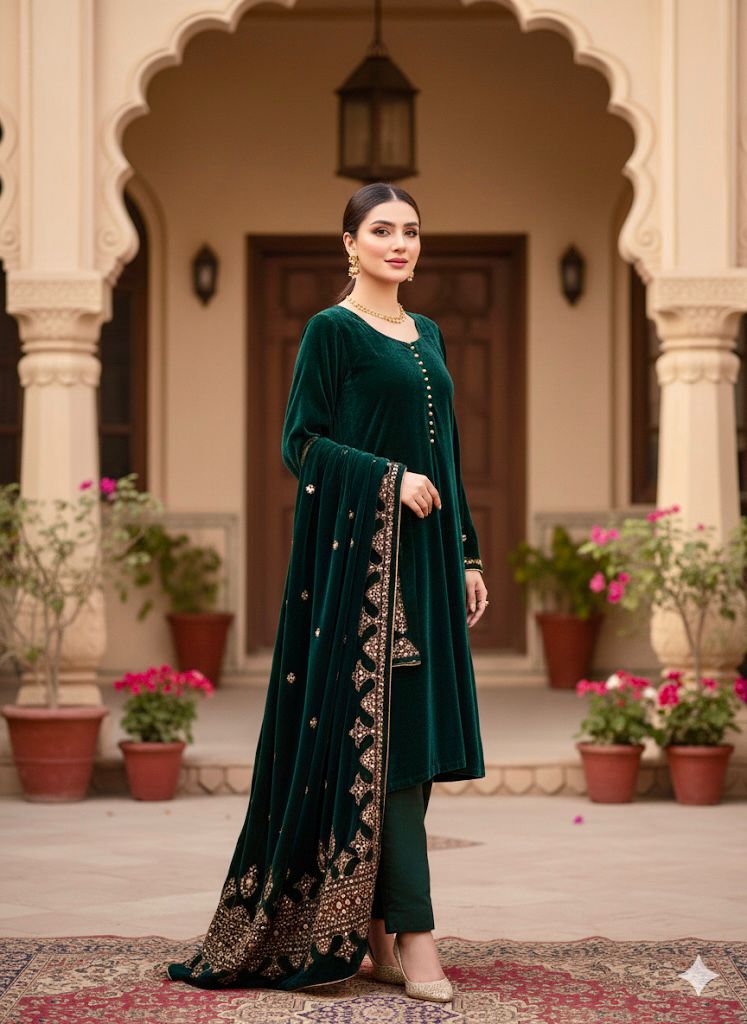 Emerald Elegance: Luxurious Velvet Ensemble