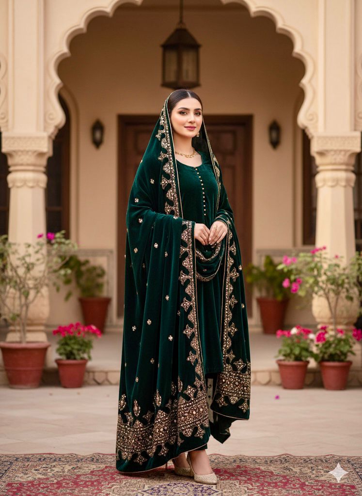Forest Green Velvet Shawl Suit: Regal Winter Ensemble