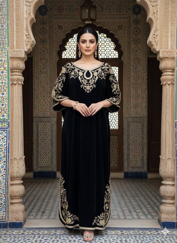 Grand Black Velvet Maxi Kaftan: Heritage Embroidery