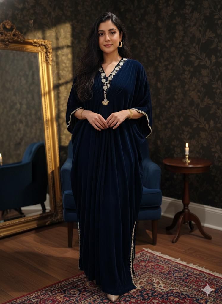 Midnight Muse: Luxurious Navy Velvet Kaftan
