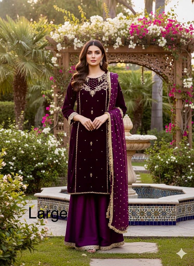 Luxurious Plum Velvet Sharara Suit