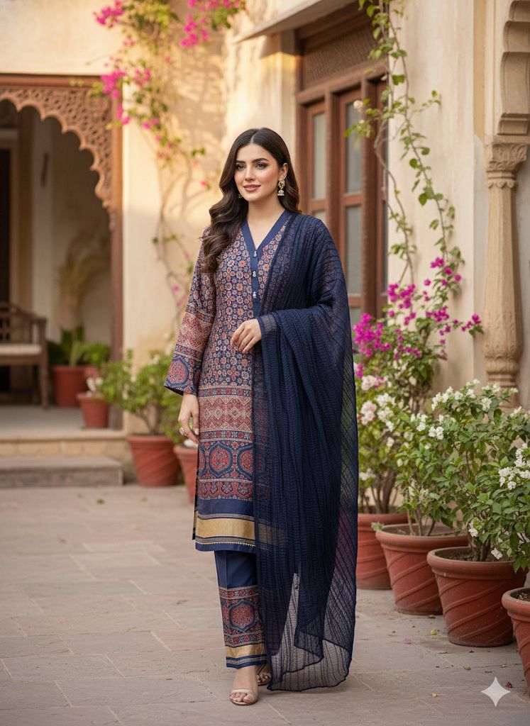 Timeless Tradition: Blue & Maroon Silk Ajrak Print Ensemble