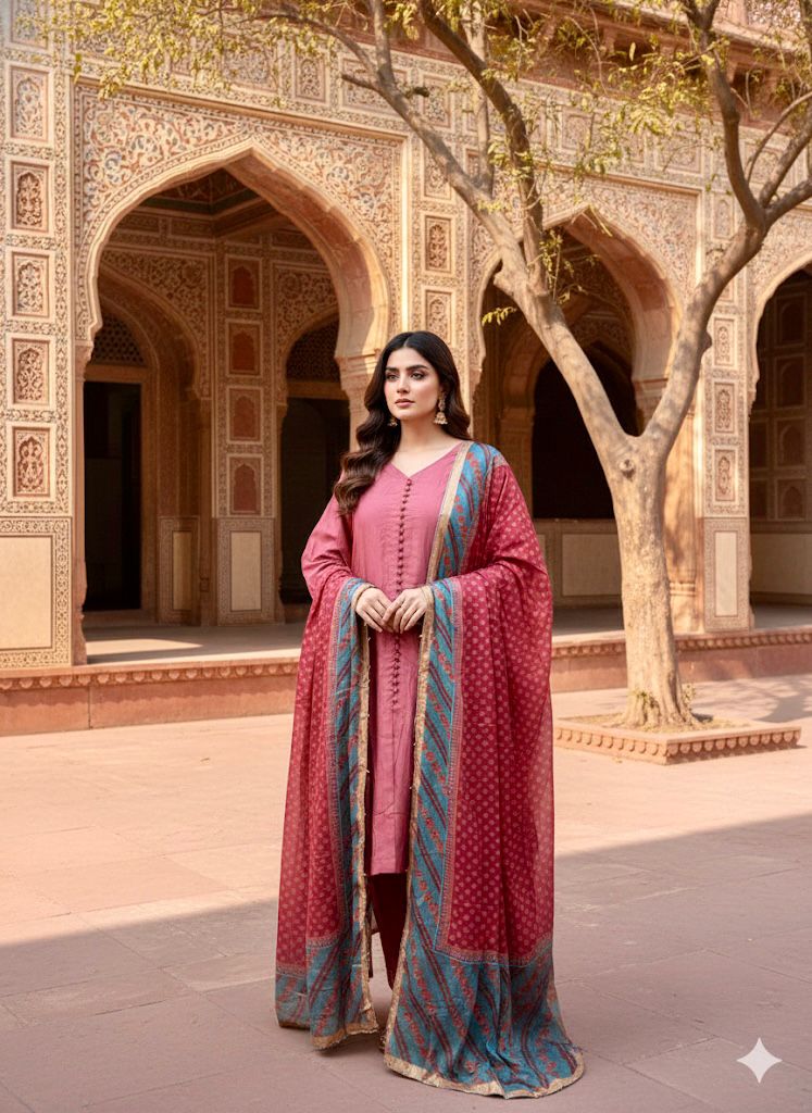 Dusty Rose Elegance: Silk Suit with Contrast Printed Dupatta