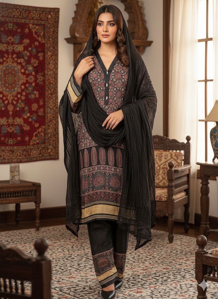 Timeless Tradition: Black & Maroon Silk Ajrak Print Ensemble