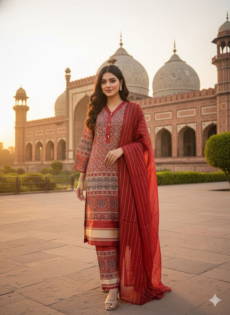 Timeless Tradition: Red Silk Ajrak Print Ensemble